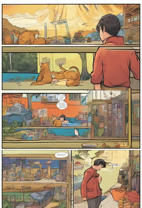 In American comics, Stories are displayed in multiple irregularly colored panels. This American shorthair cat is、Experiencing difficulties when running away from home、After that, I was reunited with the owner. Exaggerated and meticulous style