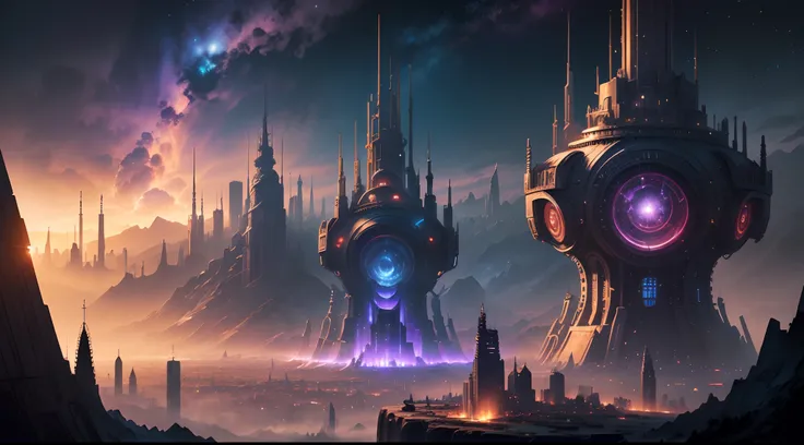 (The main subject: Wide-angle lens),（Warhammer 40K universe),((The city of the future))，35th century，(Wide sky), (sense of vastness), (Intricate details), (immersive experience), (Awe-inspiring),  Vibrant colors, Dramatic lighting