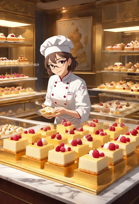 a professional pastry chef skillfully assembling a decadent dessert. The image reveals an immaculate pastry kitchen adorned with marble countertops and glass display cases. The chef, an elegant woman in her thirties, delicately places a raspberry on a crea...