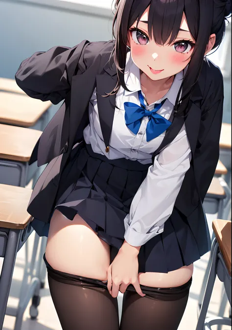 Solo,(masutepiece:1.2), Best Quality, hight resolution, pantyhose, (Two-tone hair:1.1),Hair bun, nose blush,deep skin, Miniskirt,SFW, ;P ,(Pantyhose Pull:1.3), School uniform, from behind,crass room, close-up,(beautiful thigh:1.5),(Fair thighs:1.3)