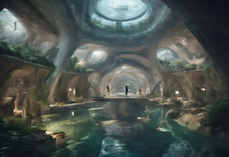 an underground city fashioned from futuristic materials and engineering. The image reveals a network of illuminated tunnels, connecting vast underground complexes. Buildings and public spaces coexist beneath the Earths surface, with artificial skylights si...