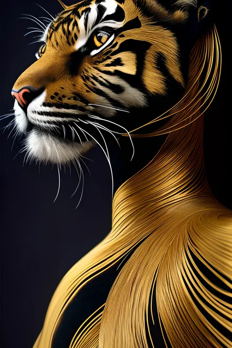 black tiger in gold, fantasy art, ultra detailing, hyperrealism, marbling, shimmering threads, a whirlwind of curly gold ribbons, high-precision detailing