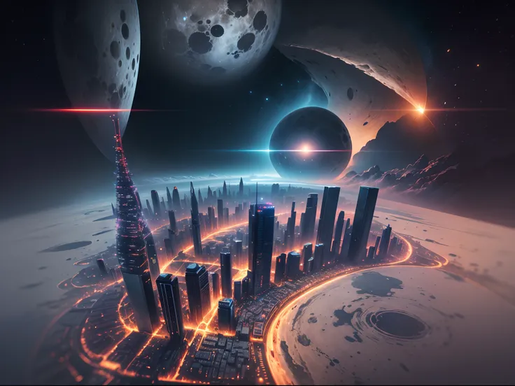 futurism, hyper HD, Super detail, High details, Best quality, 1080p, A high resolution，A futuristic city built on the surface of the moon，Ambilight，Orbiter