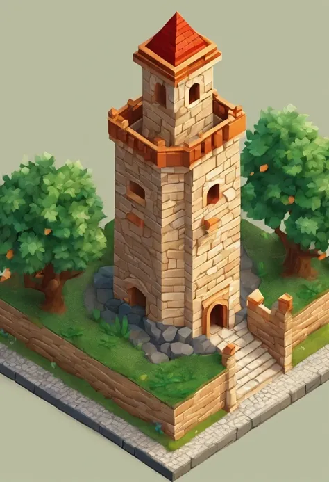 absurdres, best quality, fantasy, isometric, knolling style of (miniature brick round tower:1.2), tree, stone wall, (simple background:1.2)