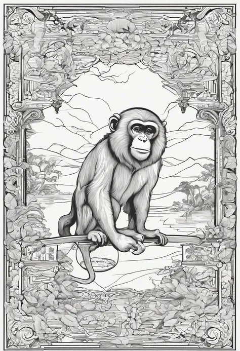 monkeys，A monkey head，Hand-drawn line drawings，Ultra-clear line drawings，Black and white tones，Color style，New Chinese，超高分辨率，8K