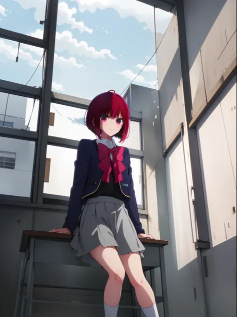 ​masterpiece, hightquality, 8K, beautiful  lighting, arima, pink bowtie, student clothes, Blue jacket, jaket, skirt by the, grey skirt, 1girl in, 独奏, The shirt, white  shirt, an legs, Black socks, sitting on, ‎Classroom,view from below