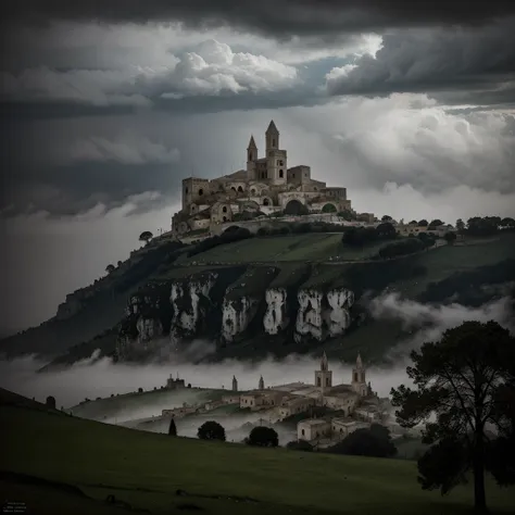 the cathedral of matera in background. rainy day. dramatic lighting. dark clouds in the sky. a forest surrounded by fog.