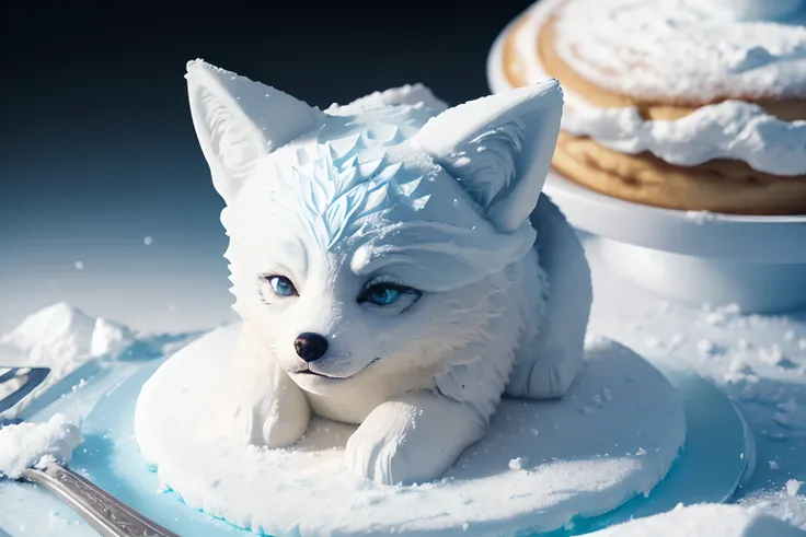 (baking art:1.3), abstract tech, Break, acrylic paint, pastel color, soft pancake, colorful sugar powder, pop cream, (on small ice sculpture of absurdly adorable wolf cub:1.3), ornament chocolate decoration, fantastic winter decoration, cute moon night fru...