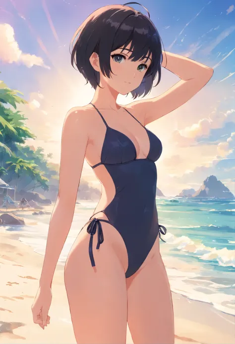 1short hair, black hair girl in bikini on the beach