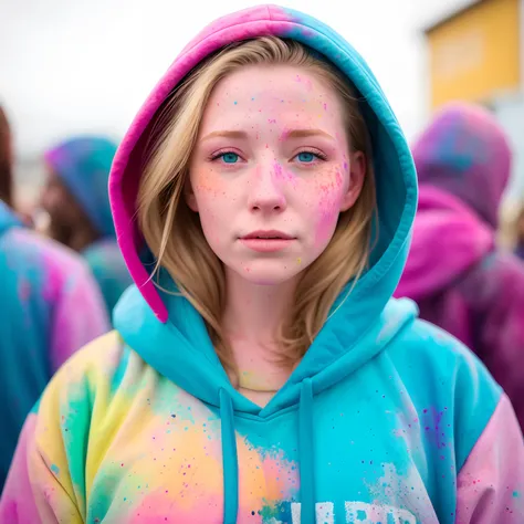 beautiful American college woman, wearing hoodie, looking at viewer, holi color festival, portrait, hyper detailed  POV, by lee jeffries, nikon d850, film stock photograph ,4 kodak portra 400 ,camera f1.6 lens ,rich colors ,hyper realistic ,lifelike textur...