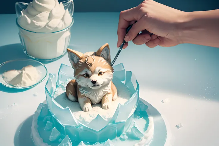 (baking:1.3), pastel color, (tower of soft pancake), grassland of green sugar powder, (cream of river), (on small ice sculpture of absurdly adorable wolf cub:1.3), ornament chocolate decoration, fantastic spring decoration, break, cinematic, intricate deta...