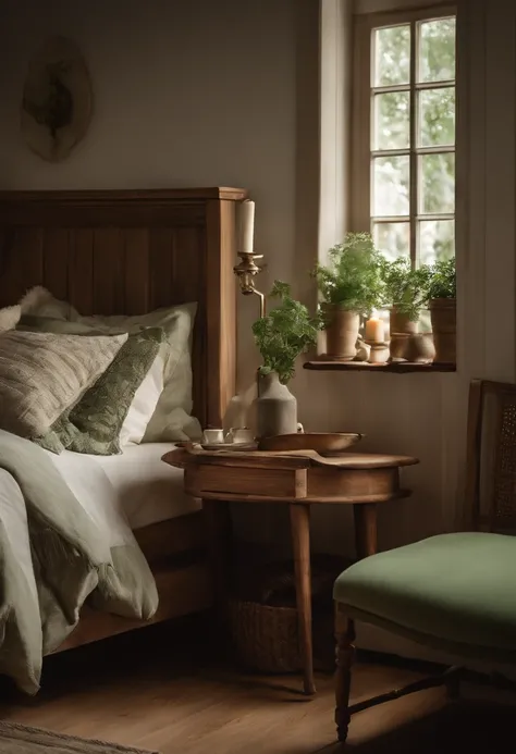 simple bedrooms，Different shooting angles in the same living room，Cozy cottage，، simple，With a hint of wood，k hd，Off-white main color，A little green