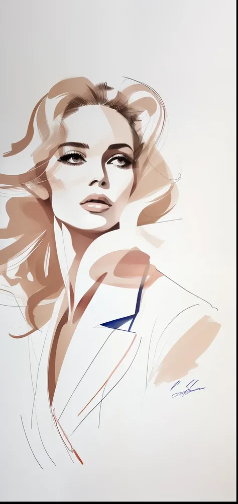 David downton fashion illustration, mustafa soydan drawing, line art sketch on a white background, beautiful 1woman face portrait, slim figure, jacket, natural color, rose color, gentle blue, beige