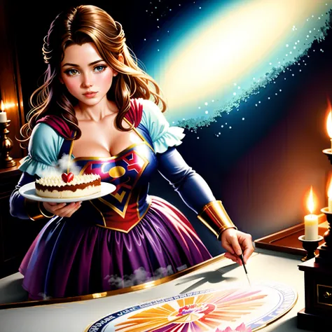 Super Girl preparing a cake. ethereal fantasy hyperdetailed mist, gouache detailed painting, art by 
Thomas Kinkade.