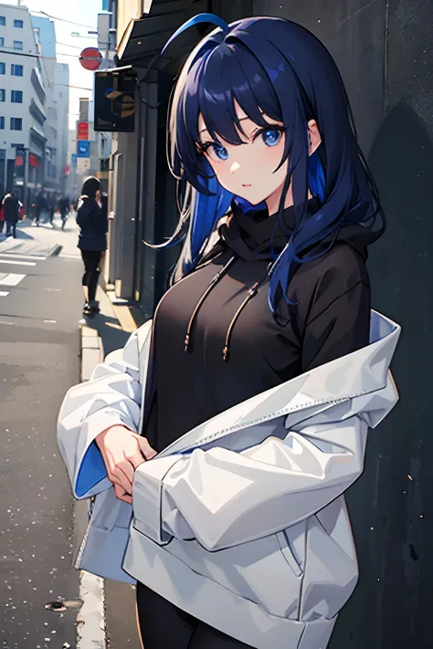 ​masterpiece、top-quality、女の子1人、kawaii、Viewers Perspective、Short stature、A slender、huge tit、Light brown hair、1 Ahoge、Two-side-up hair、Long blue hoodie、Black leggings、street corner、Eyes and faces with detailed、Bright blue eyes、