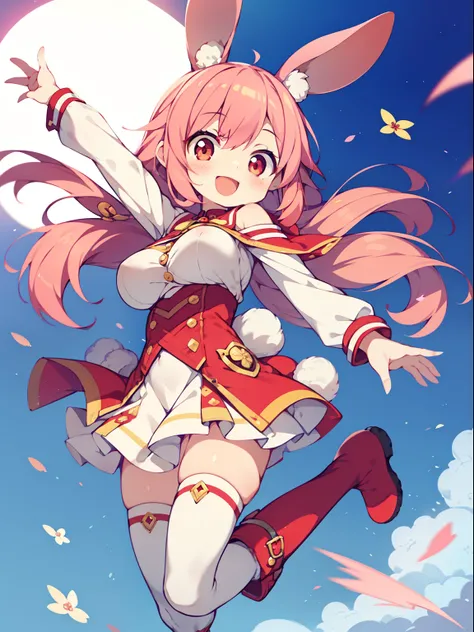 Colorful , masutepiece, Best Quality, 1girl in, loli, pink hair, long hair, straight hair, rabbit ears, big breasts, High legsuit, jumping, red eyes, open mouth, happy smile, rabbit boots, dynamic angle,