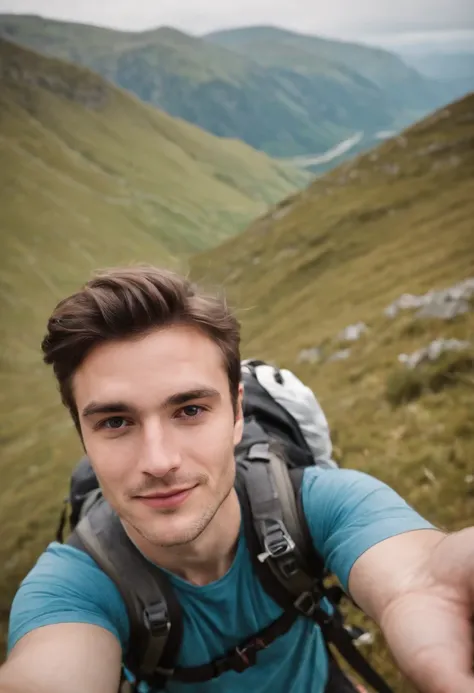 young man taking a selfie with a gopro while hiking by kostas , in the style of scottish landscapes, holga 120n, aerial photography, quirky characters, mountainous vistas, large canvas format