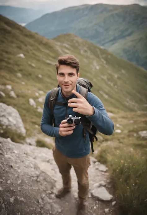 young man taking a selfie with a gopro while hiking by kostas , in the style of scottish landscapes, holga 120n, aerial photography, quirky characters, mountainous vistas, large canvas format