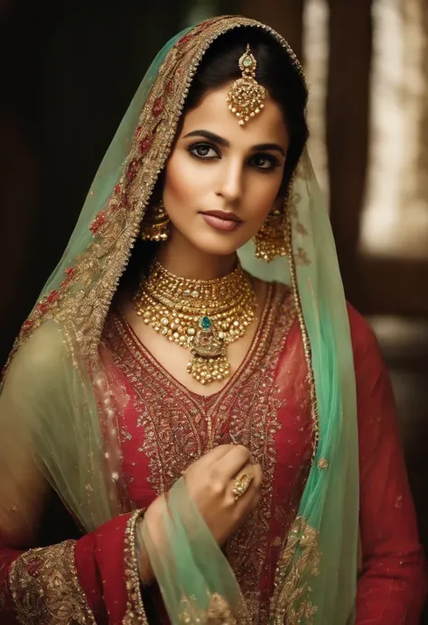 Create a captivating image featuring a young Pakistani girl in traditional attire, her eyes filled with curiosity and wonder, as if she is peering into the depths of your soul. The dress she wears should be modest and cover all her body parts. Capture the ...