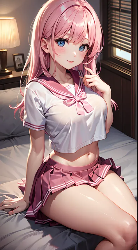 Beautiful illustration、top-quality、Cute little girl s、Bedroom、A pink-haired、length hair、(((Pink pleated skirt)))、(((pink sailor suit)))、shortsleeves、Colossal tits、a navel、Flipping up the skirt with your hands、Show white panties、Pull up your skirt and show ...