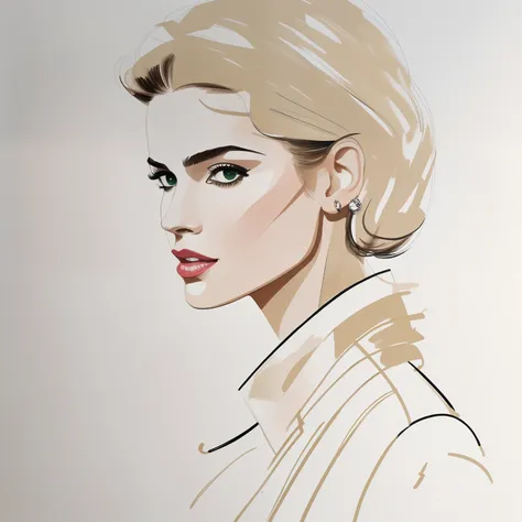 David downton fashion illustration, mustafa soydan drawing, line art sketch on a white background, beautiful woman face portrait, slim figure, jacket, natural color, red color, gentle green, beige