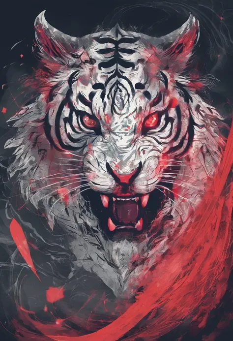 China-style，Chinese mythology，the white tiger，tosen，Ferocious，gargantuan，The eyes glow red，Glow effects，the night，中景 the scene is，Full body like， highly detailed surreal vfx，oc rendered， - AR 16:9 --q 2 --s 1000