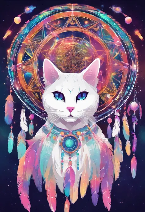 （White cat in the circle of colorful dream catchers），"T-shirt design with circular silhouette of cat face, Crescent, and stars in the