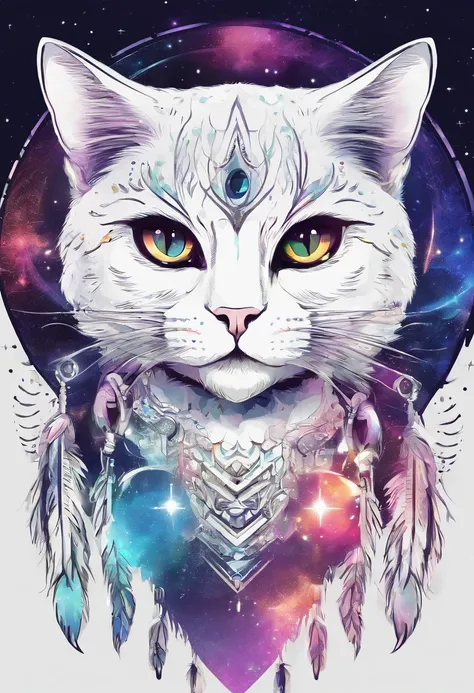 （White cat in the circle of colorful dream catchers），"T-shirt design with circular silhouette of cat face, Crescent, and stars in the