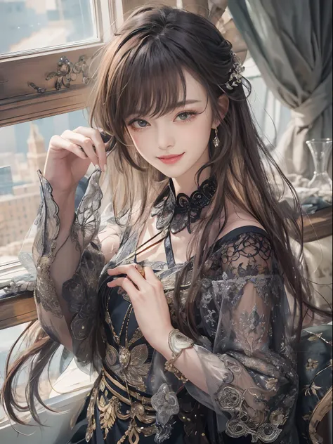 (masterpiece:1.2, best quality), (real picture, intricate details), 1lady, solo, upper body, casual, long hair, minimal dakeup, natural fabrics, close-up face, smile, home，blackstockings