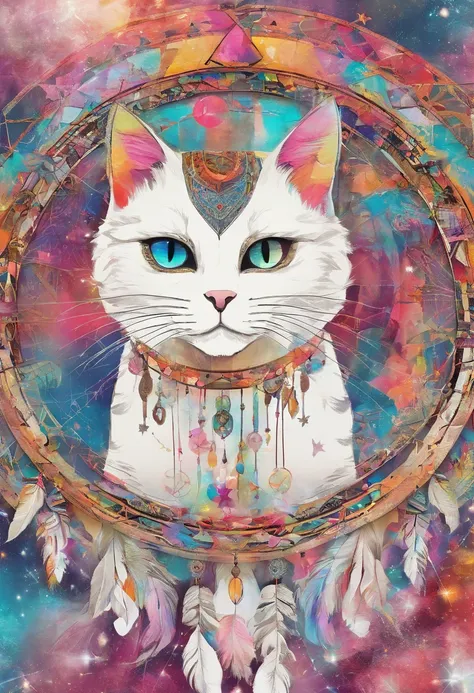 （White cat in the circle of colorful dream catchers），"T-shirt design with circular silhouette of cat face, Crescent, and stars in the