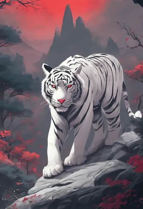 China-style，Chinese mythology，the white tiger，tosen，Ferocious，gargantuan，The eyes glow red，Glow effects，High hills，Cloud fog，the night，中景 the scene is，Full body like， highly detailed surreal vfx，oc rendered， - AR 16:9 --q 2 --s 1000