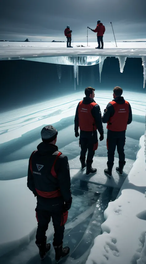 Show the crew members in discussion, debating whether to speak about what they saw beneath the ice, conveying their dilemma.