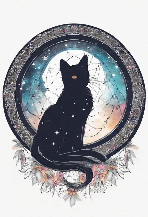 In the circle of dream catchers"T-shirt design with cat silhouette in circle, Crescent, and stars in the