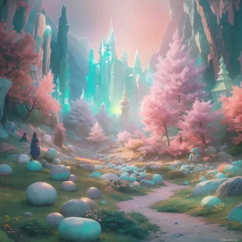 (fluorescent colors:1.4),(translucent:1.4),(retro filters:1.4), (fantasy:1.4), candy world Disney land ethereal soft fluffy soft landscape forest snowavatar Pastel pink sky green blue sparkle ethereal light pastel whimsical light rainbow stars diamonds spa...