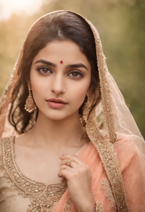 Create a captivating image featuring a 21 year old Pakistani girl, her eyes filled with curiosity and wonder, as if she is peering into the depths of your soul. The dress she wears should be modest and cover all her body parts. Capture the essence of her g...