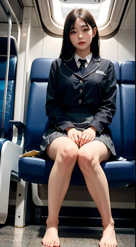 "(Masterpiece, High Definition, Ultra High Definition, 4K) Black hair, 18 years old Japan girl, uniform skirt, emphasizing thighs, white thighs, soft thighs, glossy thighs, sitting on the train, face-to-face angle, (angle from below),sitting in the train s...