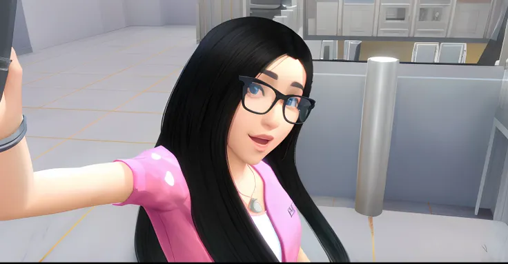 Araffe with glasses and a pink shirt is standing in a room, inspirado em Sim Sa-jeong, Selfie!!!!!, She has black hair, cabelo preto longo detalhado, inspired by Taiyō Matsumoto, selfie shot straight on angle, Sims 4 Captura de tela, inspirado em Bob Singe...