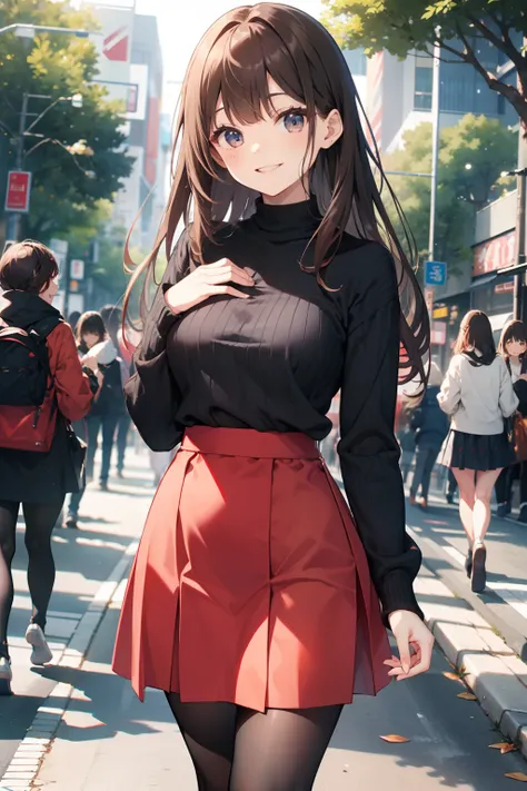 top-quality、Full limbs、complete fingers、Slender beauty、straight haired、Brown hair、Black long-sleeved knitted tops、Red mini flared skirt、Brown pantyhose、Beautiful Large Breasts、Harajuku、Street Trees、A big smile