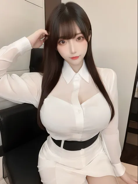 masutepiece, ,(Solo:1.1), Sexy, Office, heels, pencil skirts,Thin transparent blouse,The blouse is unbuttoned,Big breasts are visible, The protrusion of the nipple is reflected