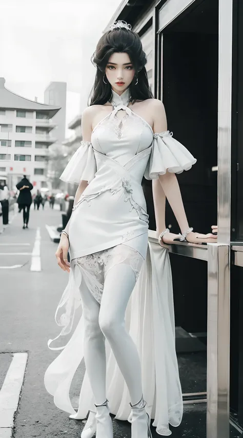 araffe woman in white dress leaning on a table in front of a building, smooth white tight clothes suit, in white clothes, white ...