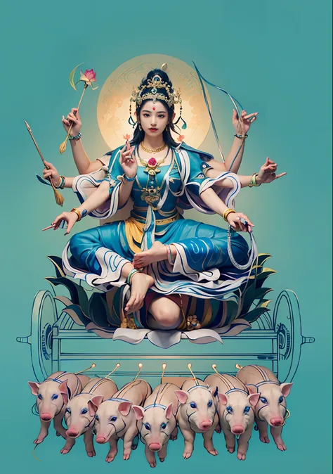 Beautiful woman sitting on a lotus in the car, Blue clothes，Three-headed，In total, The arm has eight mudras，Barefoot on both feet，There are seven piglets pulling carts in front，goddess of love and peace, indian goddess of wealth, Heavenly Bodhisattva, full...