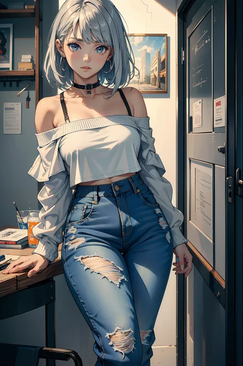 (Best quality, 8K, A high resolution, Masterpiece:1.2),High temperament and coldness，college girl，Senior sister，Art studio，Medium hair, Silver hair, an off-the-shoulder top，denim pant，Sexy tall，University campuses