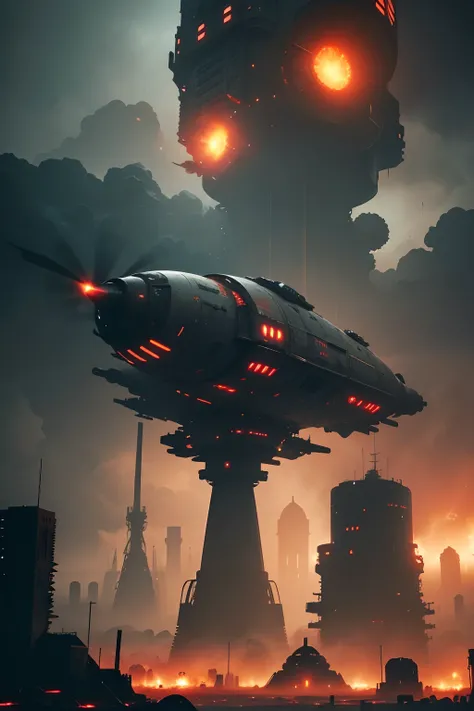 A wasteland-style spaceship, exploding in the air, black smoke from the engine, surrounded by a group of small red wasteland-style aircraft, with an abandoned ancient city in the background, towering industrial towers everywhere and some withered vegetatio...