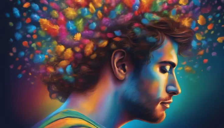 epic realistic, high-quality artwork of An illustration of a person reflecting with colorful thoughts representing different emotions emerging from his mind.