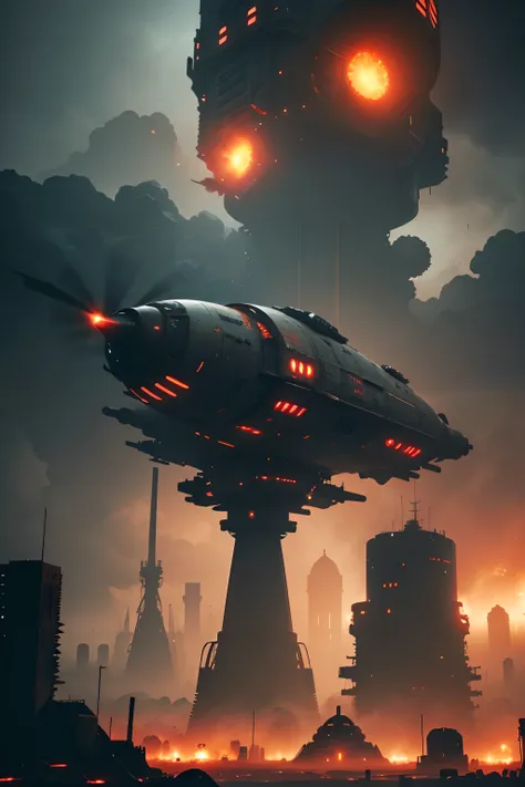 A wasteland-style spaceship, exploding in the air, black smoke from the engine, surrounded by a group of small red wasteland-style aircraft, with an abandoned ancient city in the background, towering industrial towers everywhere and some withered vegetatio...