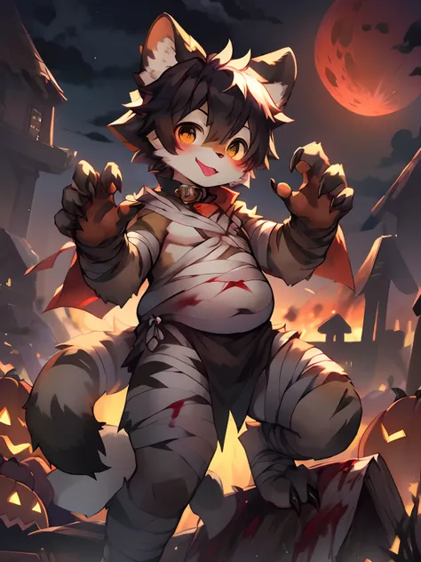 Masterpiece, Best quality, Bright eyes, (Furry, coyote,Mummy costume, Multicolored fur, Solo, Claws, Lick lip, blood in face, Halloween, Jack-o-lantern, Night, Blood Moon，Full body photo，Naked，bandagens，male people，boy((Slightly fat)))(author：Puinki,By Art...