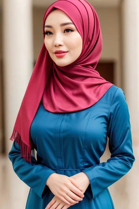 beautiful malaysia college woman age 22 name neelofa brown eye,big breast, wearing tudung muslim,modern baju kurung look rich,calm,confident,happy,beautifull body,looking at viewer, in kuala lumpur city, (photo, photorealistic:1.37), (ultrahigh-res), half ...