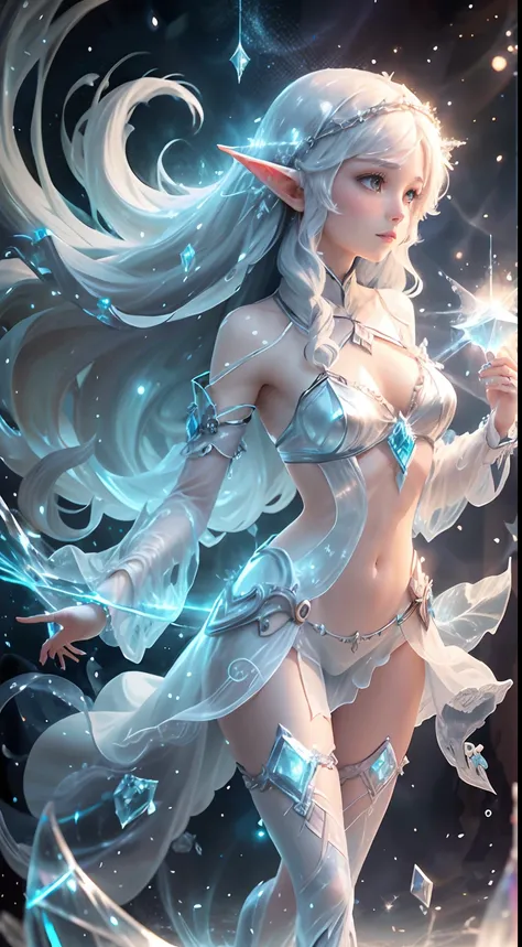 long whitr hair，the elf，teens girl，Aqua blue full body robe，，Ice crystals，icemage，mages，White skin，with light glowing，Floating particles