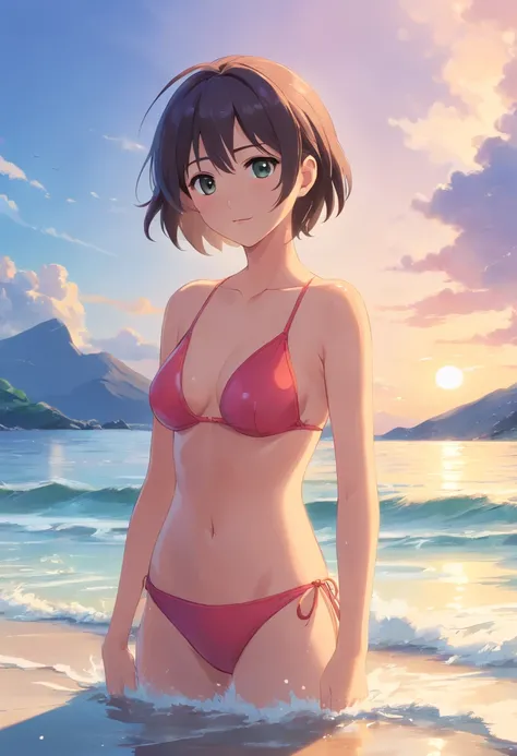 ((Masterpiece)), ((Best quality)), ((A high resolution)), ((finedetail)),1girll, Show on the_E7, Small breast, swimsuit, Realistic, beach, Wet, Ocean, navel, sky, 鎖骨