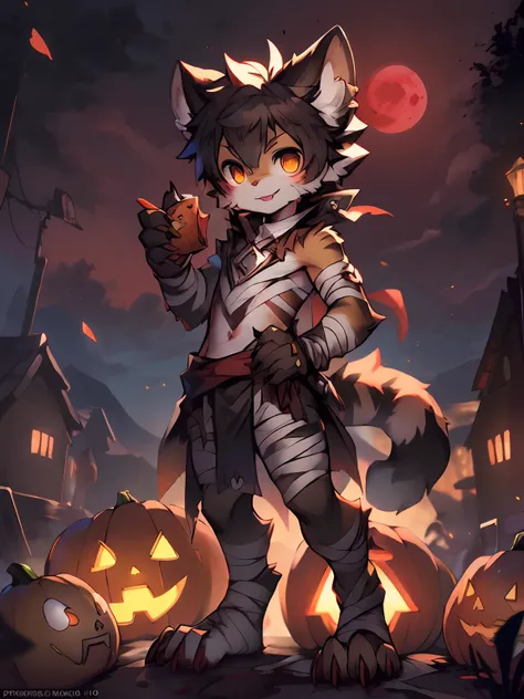 Masterpiece, Best quality, Bright eyes, (Fluffy, coyote,Mummy costume, Multicolored fur, Solo, Claws, Lick lip, blood in face, Halloween, Jack-o-lantern, Night, Blood Moon，Full body photo，Naked，bandagens，male people，Boy(author：Puinki,By Artists:1.2),(autho...